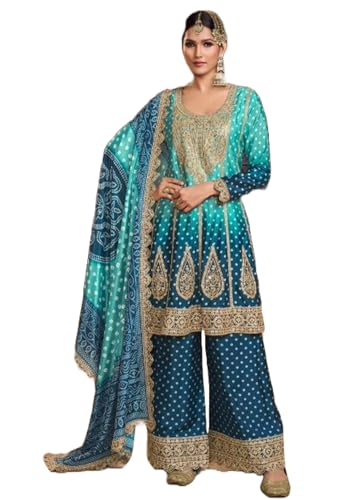 Costume Sharara bleu ample fluide en soie dissimulant les formes L