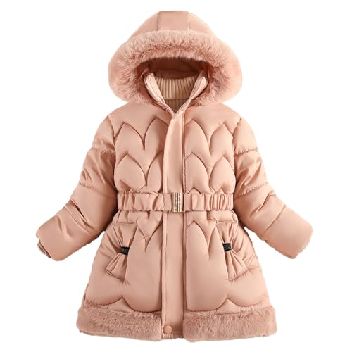 Image of Hotfiary Girls Fleece Lined Winter Coat for 4-10 Years, Kids Warm Puffer Jacket with Fluffy Faux Fur Hood, Belted Waist & 2 Pockets, Windproof Padded Parka Quilted Coat for School, Park, Holiday