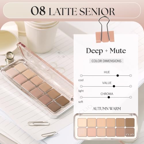 Image of CLIO Pro Eye Palette Air, 12-Color Eye Shadow Palette, Matte Shimmer Mix, Air-Fit Blendable Pigmented Buildable Color, Low Fallout, Warm Brown Nude Neutral Tone, Daily Korean Makeup (08 LATTE SENIOR)