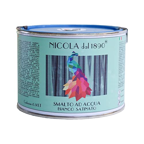 NICOLA VERNICI Buntlack auf Wasserbasis, Acryllack für den Innen- und Außenbereich, für Metall, Holz, Wande, Stahlbeton, Kunststoff, PVC, Gipskarton - Satin-weiß, 500 ml