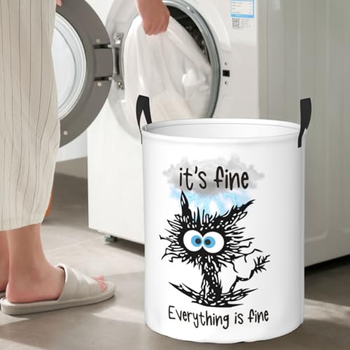 Image of Laundry Basket Cute Black Cat Room Decor,Round Laundry Hamper Waterproof Dirty Clothes Hamper Collapsible Laundry Baskets With Handles,Toy /Clothes Storage Basket For Home Dorm Black Cat Bathroom Decor