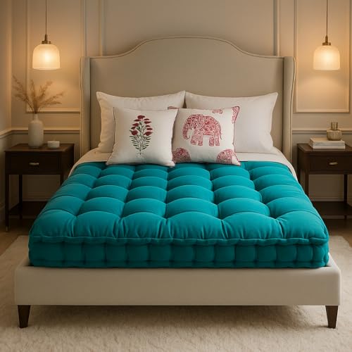 Drokona Khadi Essential Cotton Filled Mattress Gadda Soft & Reversible, Pure Cotton Fabric, Firm Gadda for Floor & Bed, (72 x 36 x 4 Inches,) (Coral Green, Single) (Single)