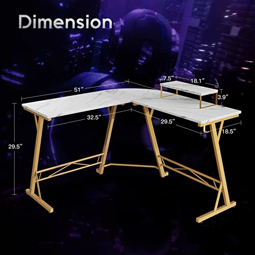 Casaottima Gaming Desk L Shaped Computer Desk, Corner Desk For Home Office With Monitor Stand 51", Laminated Marble #TOP2