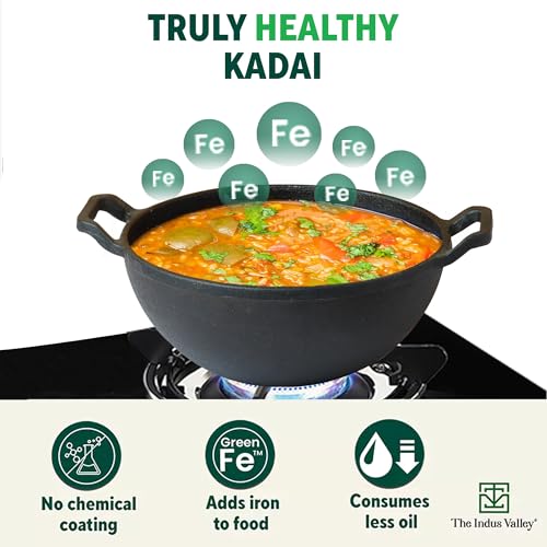 The Indus Valley Pre-Seasoned Cast Iron Kadai with Curved Handles | Small, 21 cm/8 inch, 1.7Ltr, 1.7kg | Induction Friendly | Naturally Nonstick Kadhai, 100% Pure & Toxin-Free, No Chemical Coating