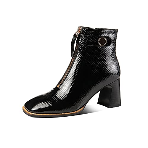 TinaCus Patent Leather Women's Handmade Chunky Heel Side Zip Up Square Toe Ankle Boots with Front Zipper Decor