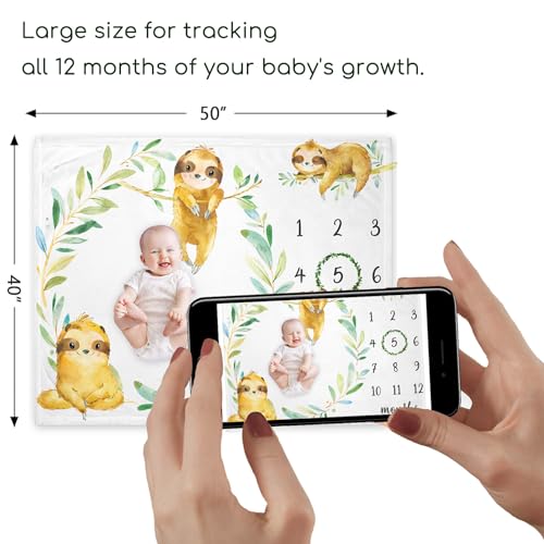 Image of Yuzioey Sloth Milestone Blanket, Safari Baby Growth Chart Monthly Blanket, Watch Me Grow Sloth Baby Nursery for New Moms Shower(50 inchx40 inch)