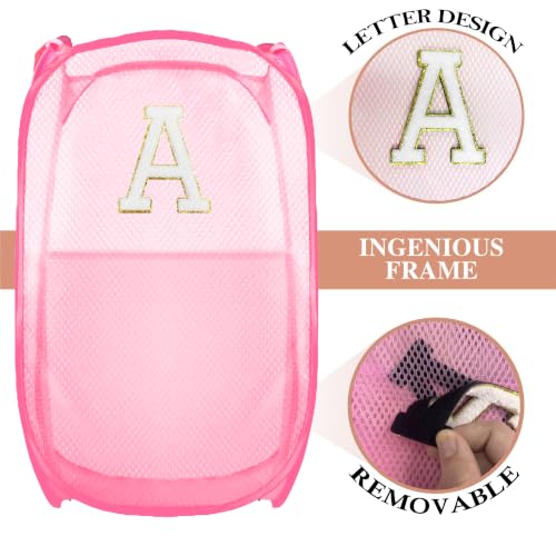 Image of Collapsible Pop Up Laundry Hamper, Extra Large with Removable Initial Letter A, Mesh Foldable Laundry Basket, 28 inch x 16 inch x 16 inch (Pink)