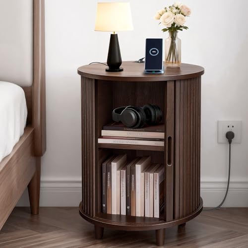 Image of DHH End Table Set of 2 with Storage & Charging Station, Fluted Accent Side Table with Sliding Door & Adjustable Shelf, Mid-Century Nightstand for Small Spaces, Living Room, Bedroom(2, Dark Walnut)