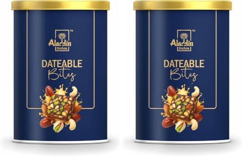 Image of Aladdin Dates Dateable Bites 200g | Dates Barfi & Dry Fruit Bites | Made with Pure Ghee, Dates, Honey, Almonds, Cashews & Pista | No Added Sugar | Gluten Free Healthy Indian Sweet (Pack of 2)