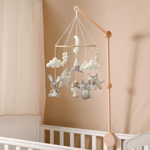 Flora & Ivy Animal Mobile for Crib - A Handmade Neutral Woodland Crib Mobile with Forest Animals and Clouds for a Neutral Nursery, Grey