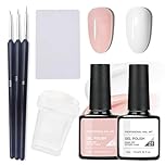 Gel Nail Polish Set for French Manicure - 2PCS - Nude Pink & White Soak Off UV/LED With French Nail Stamps & Pens for Women DIY Long Lasting High Gloss