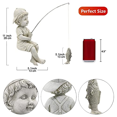 Goodeco Fisherboy Statue Garden Decor - 11" Little Fishing Guy for Koi Pond or Waterfalls, Poolside Statue with Glow in Dark Pebbles Included, Great Gifts for Mom, Women or Birthdays, Gift Ideas