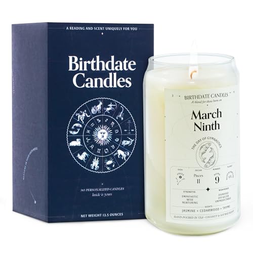 Birthdate Candles, March 9 - Pisces Zodiac Scented Candles Birthday Gift - Jasmine, Cedarwood & Thyme Scent - All-Natural Soy & Coconut Wax, 60-80 Hour Burn Time - Made in USA Birthdate Candles, March 9 - Pisces Zodiac Scented Candles Birthday Gift - Jasmine, Cedarwood & Thyme Scent - All-Natural Soy & Coconut Wax, 60-80 Hour Burn Time - Made in USA