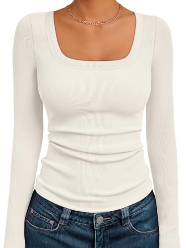 AUTOMET Womens Long Sleeve Shirts Square Neck Tops...