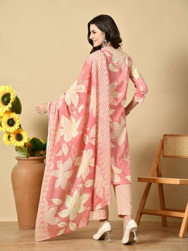 Image of Amazon Brand - Tavasya Women Cotton Anarkali Kurta Pant Dupatta Set | Printed Ethnic Suit Set | Flared Anarkali Kurta with Pant & Dupatta | Festive & Casual Wear