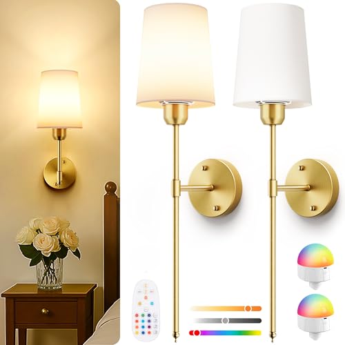 Image of Battery Operated Wall Sconces Set of 2, Bronze, 15 RGB, 23 Inch | Dimmable, Renter Friendly, Rechargeable Magnetic Bulbs, Remote, Cordless Wall Lights for Living Room, Bedroom, Hallway