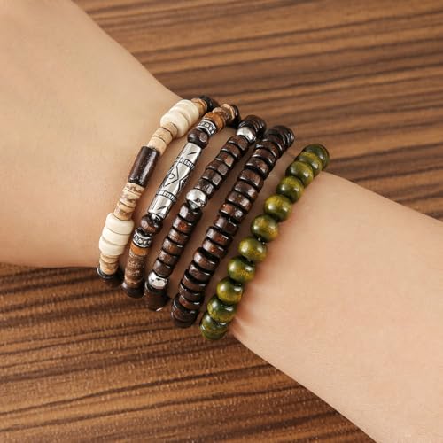 Set de 5 pulseras de cuentas de madera con encanto y borla miniatura 5