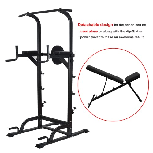 VIVITORY Power Tower Dip Station, 800lbs Weight Capacity Workout Station with Bench, Height Adjustable Pull Up Tower for Home Office Gym Strength Training Exercise Workout Equipment