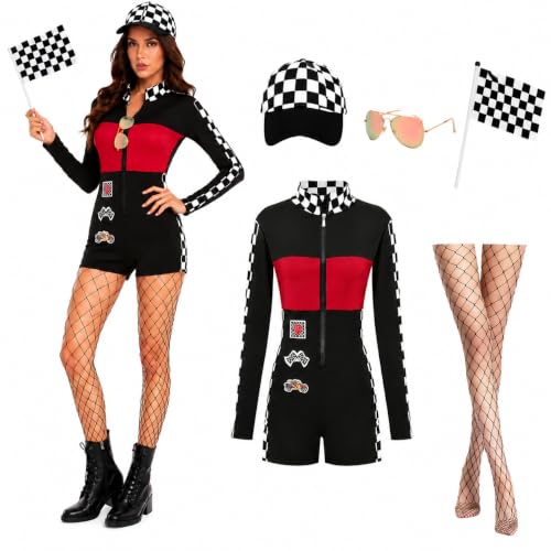 CFGPMM Race Car Driver Costume Women, Racing Jumpsuit Set Racing Suit Onesie Jacket for Adult Halloween Cosplay Outfit (Black, Large) by CFGPMM - Used condition - US$25.52