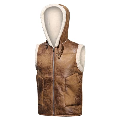 Mens Winter Vests Outerwear Hooded Fleece Lined Faux Leather Chunky Casual Vest Jacket Plus Size Coat With Pocket3