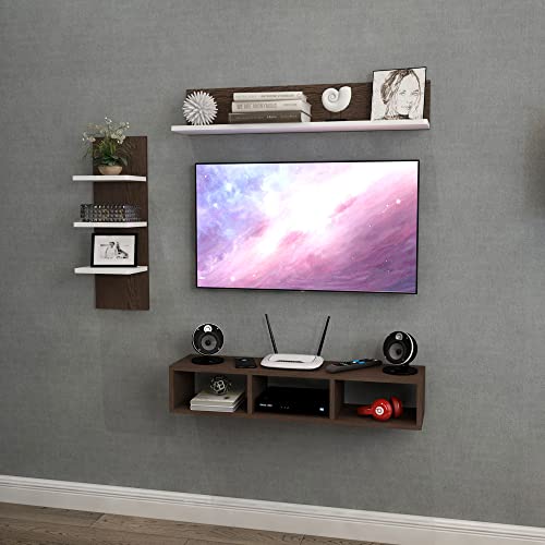 Image of ESTANTERIA Tv Unit Wall Mounted Engineered Wood TV Unit, TV Cabinet for Wall, TV Stand for Wall, TV Stand Unit Wall Shelf for Living Room, Set Top Box Wall Display Rack Stand (Wenge /White)