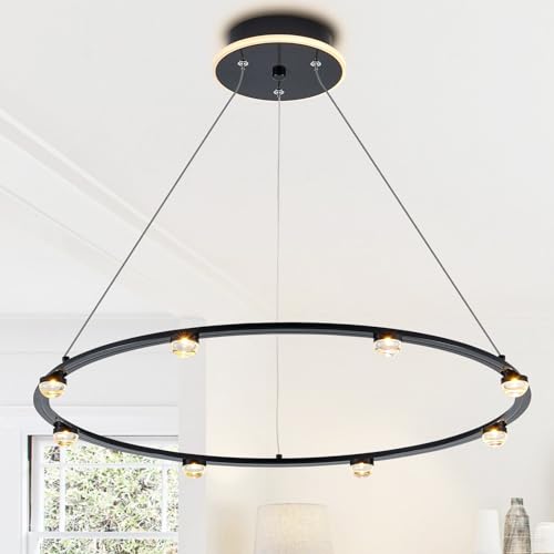KEELED Kronleuchter Schwarz Wohnzimmerlampe Luster Pendelleuchte HäNgelampe Rund, Flaches Profil, 8 Integrierte Leds Mit Blendfreier Linse, 24,4 Zoll, 30W, 3000K Warmweiß, 100–240 V, CE