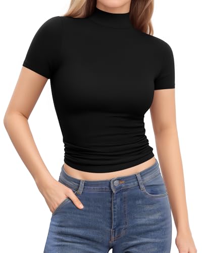 MANGOPOP Women's Turtleneck Mock Neck Shirt Double Lined Long Sleeve Short Sleeve Tops for Women Basic T Shirts Tight Tee