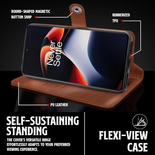 Image of WOW IMAGINE Shock Proof Flip Cover Back Case for 1+ OnePlus 11R 5G (Magnetic Button Flip Case | Wallet Pockets & Stand | Leather Finish | Alder Brown)