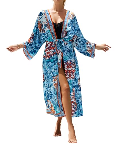 Bsubseach Women Print Beach Kaftan Dress Short Sleeve Plus Size Bathing Suit Cover Ups
