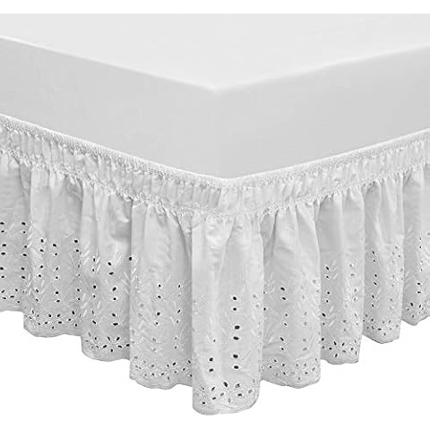 QSY Home Wrap Around Elastic Eyelet Bed Skirts 14 1/2 Inches Drop Dust Ruffle Three Fabric Sides Easy On/Easy Off Adjustable Polyester Cotton(White Queen/King) Cover