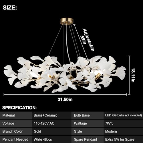 Image of Branch Chandeliers, L31.5 inch Brass Ginkgo Leaf Chandeliers for Dining Room Bedroom White Modern Chandeliers Luxury Pendant Light Kitchen Island Hanging Lights Fixture, 5-Light