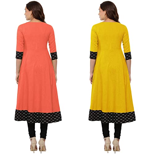 Image of NATEK Plain Cotton New Anarkali Dress Kurti for Ladies Girls - Combo Sets of 2 Peach, Yellow Colour XX-Large Size