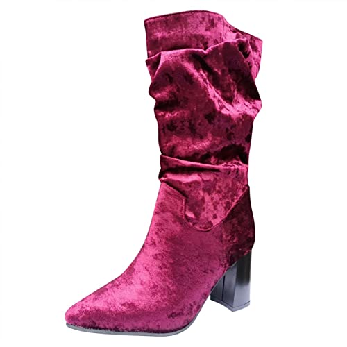 Cowboy Boots Cowgirl Boots Fall Vintage Women Suqare Heels Slip-On Middle Tube Booties Shoes Western Boots Platform Boots Wine