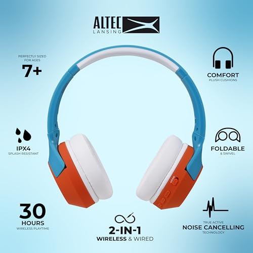 Image of Altec Lansing Kid Safe Noise Cancelling Wireless Headphones 15H Battery, 85dB Volume Limit, Foldable Design Powerful Sound, Active Noise Cancellation Perfect for Kids Ages 7+