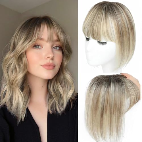 Haar Toppers für Frauen aus echtem Menschenhaar mit Pony, handgenäht 360°3D-Abdeckung, natürlich für dünner werdendes Haar Haarstücke für Frauen Topper (Ombre Light Brown with Blond Highlight)