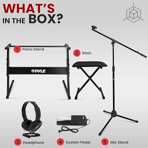 Image of PYLE Heavy-Duty Electric Keyboard Accessories, E Piano Equipment Pack Includes Height Adjustable Z Shape Keyboard Stand, Keyboard Stool, Microphone Stand, Headset, and Sustain Pedal, Black