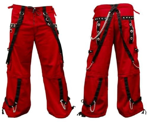 Gothic Men's Gothic Red Trouser Red Threads Black Straps Punk Rock Metal Chain Cyber Pants/USA Pant Pants Turn in to Shorts3