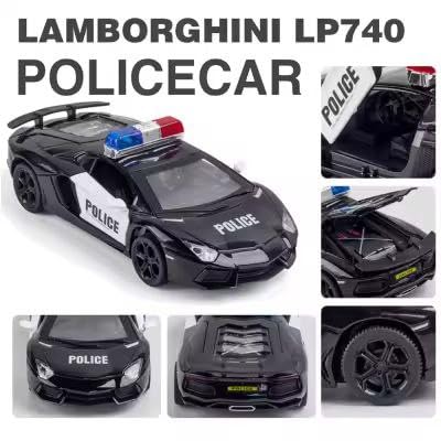 Image of Lamborgini Police Model Car with Box, Zinc Alloy Pull Back Toy car with Sound and Light for Kids Boy Girl Gift [Colors as Per Stock] (Lamborgini Police)