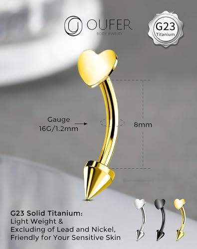 OUFER Rook Piercing Jewelry, G23 Solid Titanium Eyebrow Rings, Heart Vertical Labret Lip Jewelry, 16G Curved Barbells, Daith Rook Earrings for Women Men-Gold — view 5