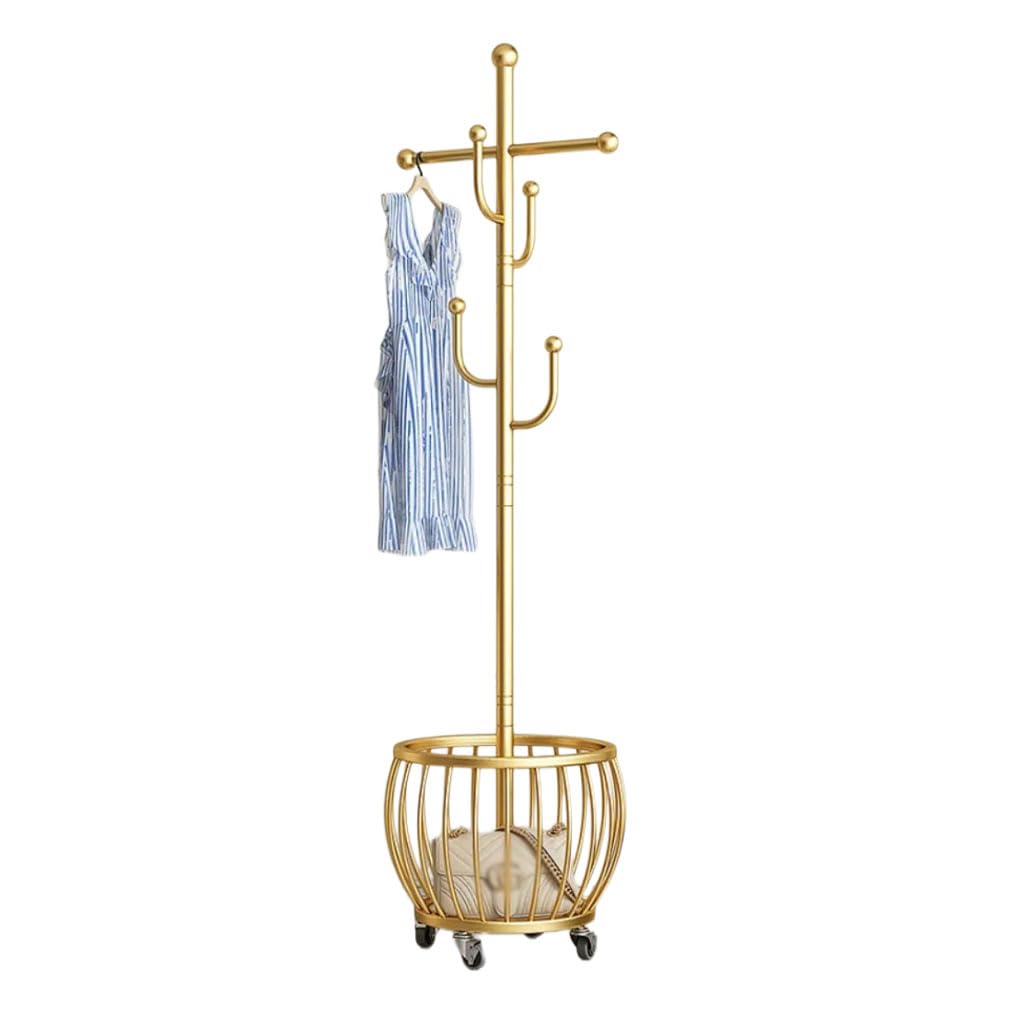 HRGKLMN Modern Coat Stand Freestanding Coat Rack Metal with Wheels And Storage Basket, Multifunctional Coat Hanger Stand for Jackets for Hallway Bedroom Entrance Area,Gold