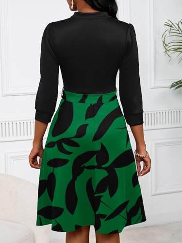 Image of PerZeal Women's Casual Flowy A-Line Midi Dress Flared V-Neck Colorblock Print for Wedding Guest 3 /4 Sleeve Dress with Belt
