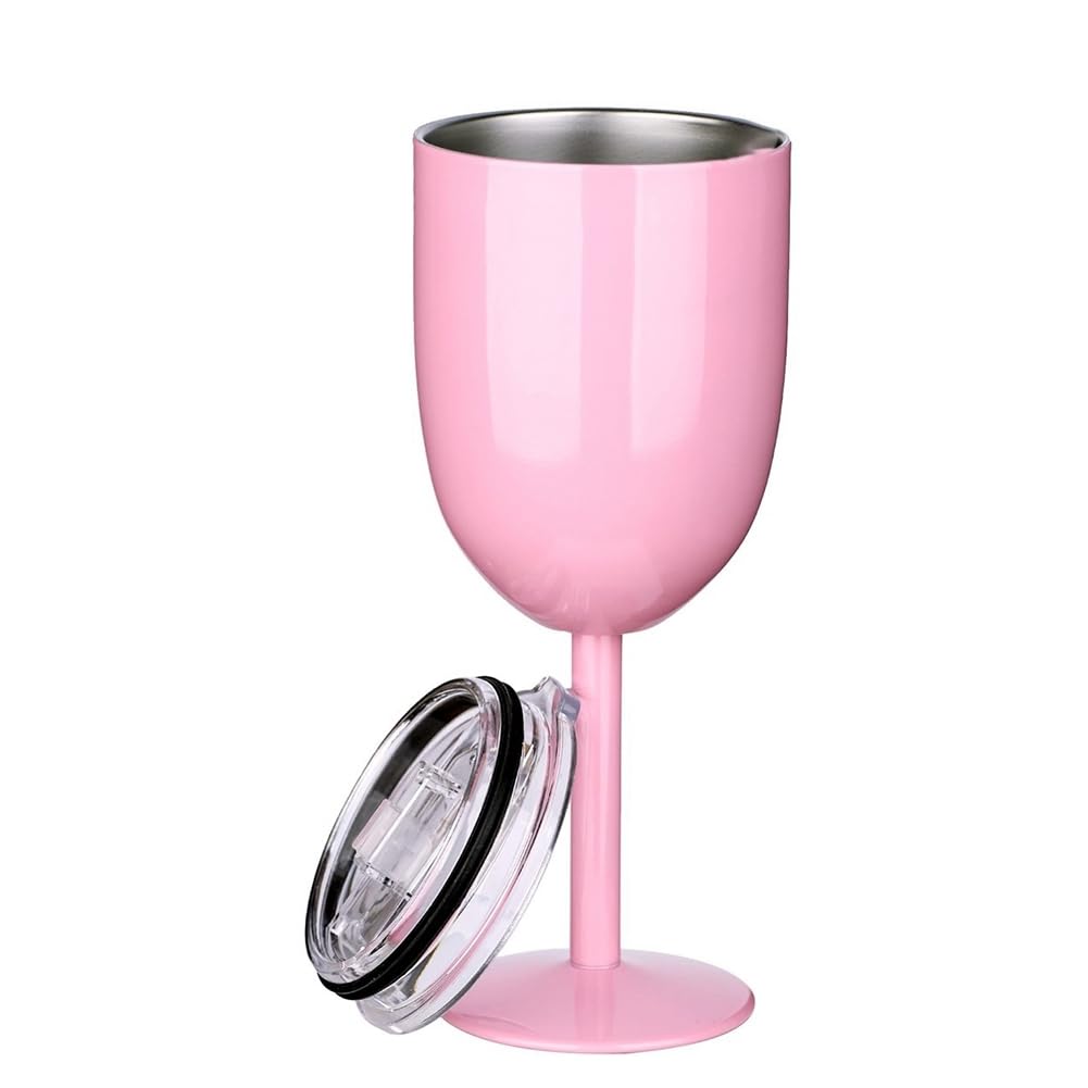 HUTSRAI 1PCS Insulated Pink Wine Glasses Double Wall Food Grade Stainless Steel Travel Wine Cup with Leak Proof Lid for Adult, Easy to Use Fine Workmanship