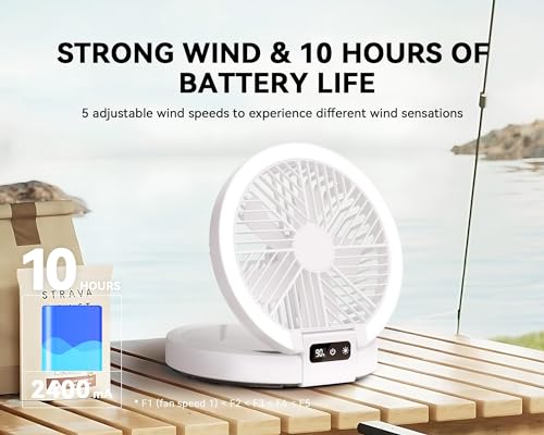 Image of DEPOZA Foldable Desk Fan Quiet Table Fan Ultra-Thin - USB Rechargeable, Battery Operated 5 Speed With Light - Portable Desktop Fan for Bedroom, Office, Camping, and Outdoor Use, Medium, White, D-F03