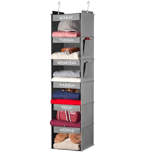 Image of Weekly Clothes Organizer for Kids - 6-Shelf - Hanging Closet Daily Clothing Organization Labeled Shelves with Days of The Week Monday Through Friday, Weekday and Weekend (Grey)