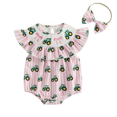 CIYCUIT Baby Girl Smocked Romper Bow Tractor Print Bodysuits Jumpsuits with Headband