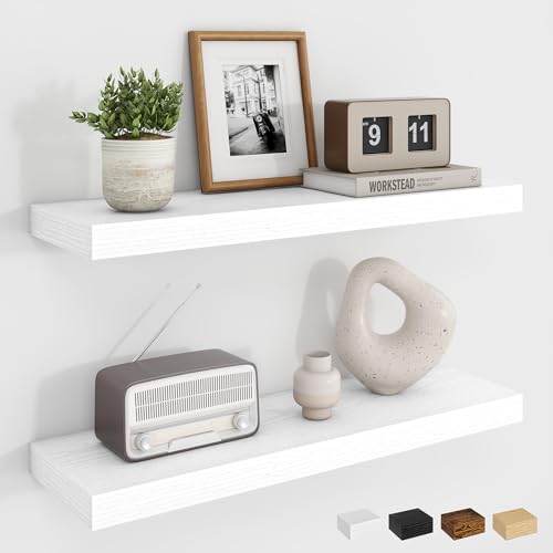 Dreamland 24Inch Floating Shelves for Wall Rustic Wooden White Floating Shelves for Bathroom|Bedroom|Kitchen Deep Wall Mounted Book Shelf Wood Storage Display Shelf for Home Decor Set of 2