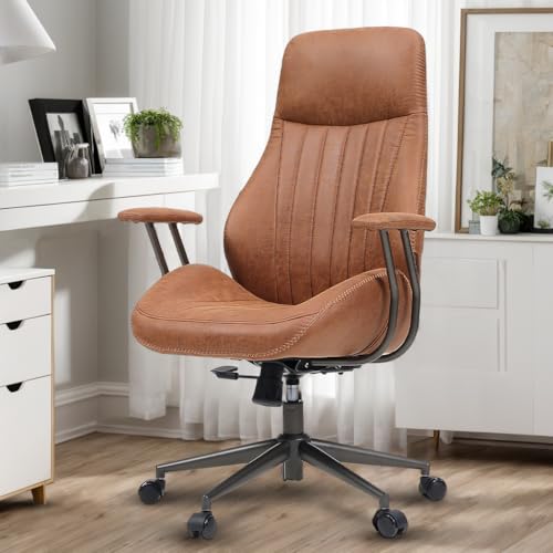Image of High Back Home Office Chair, Mid Century Vintage Executive Chair,Comfy Ergonomic Rolling Office Task Chair with Lumbar Support,Brown Faux Leather Office Chair,Brown
