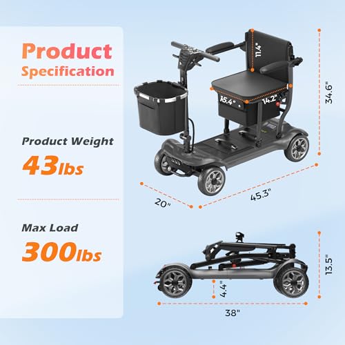 Image of Lightweight Mobility Scooter for Adults & Seniors - Cruise & Airport Approved, 43lb Foldable Portable Motorized Scooters with Removable Lithium Battery for 12.4 Miles Travel, 300lb Capacity, Black