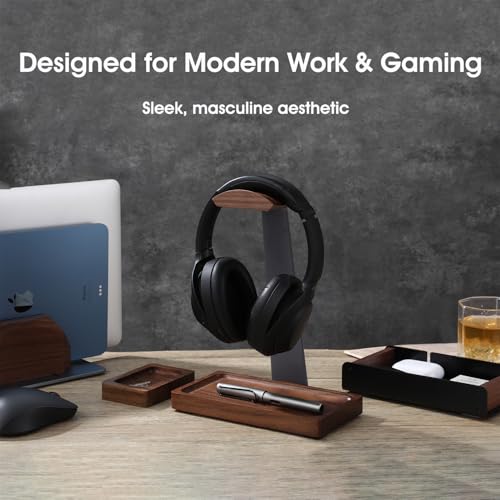 Image of Walnut Headphone Stand, Wooden Headset Stand for Desk, Wood Gaming Headphone Holder with Storage Base for Airpod max, Bose, Razer, Sennheiser, Jabra, JBL, AKG, Vintage Gift for Men, Grey