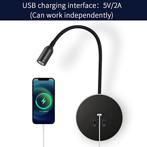 Awekliy 3W+8W LED Schwanenhals leselampe wandlampe USB-Aufladung mit schalter wandleselampe Bettlampe Nachtlicht innen Leselicht Schwenkbar Wandbeleuchtung Schlafzimmer Nachttischlampe 3000K (Schwarz)